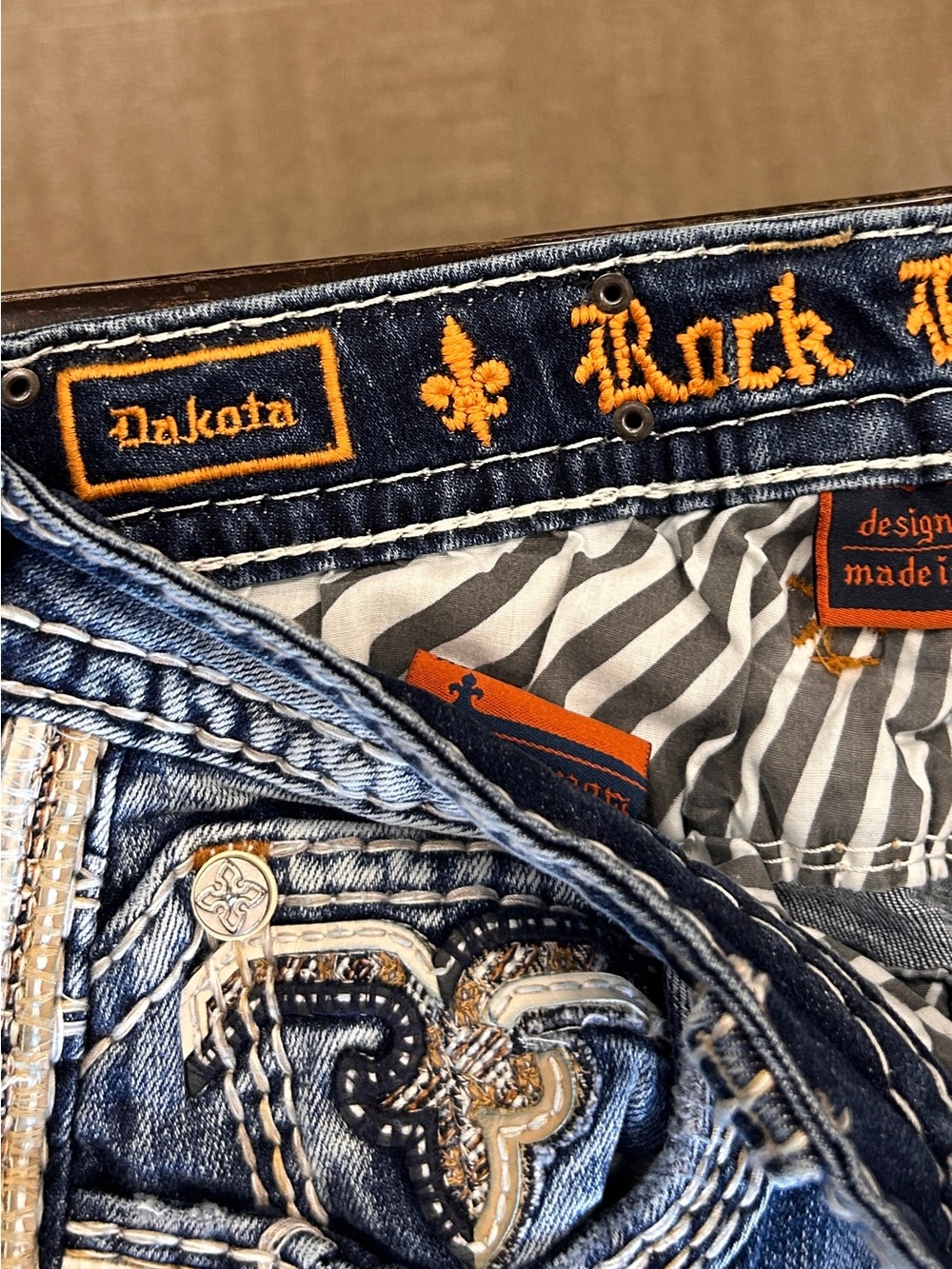 Rock Revival Boot Cut Jeans in Medium Blue with Gold Embroidery - Picture 2 of 6